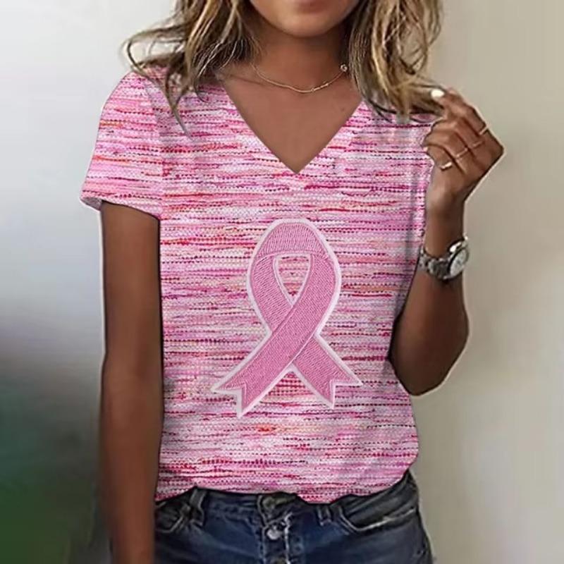 Summer Women's T-Shirt Pink Ribbon Print V-Neck T-Shirt 3d Print Casual Clothing Short Sleeve Female Design Oversized T-Shirt