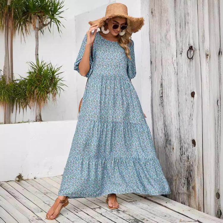 Women Summer Casual Floral Print O Neck Dress High Waist Loose Large Size Ankle Length Middle Long Sleeve Spring Dress