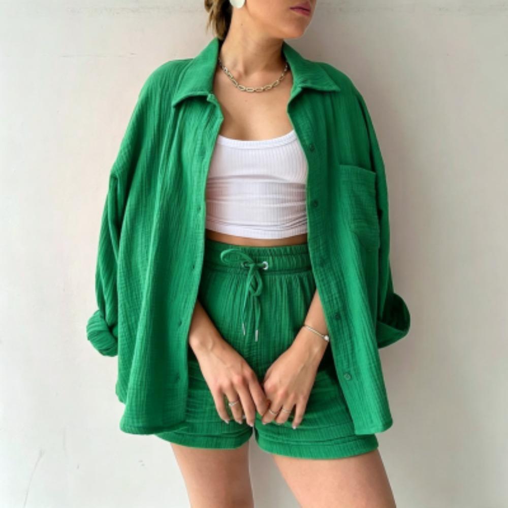 

Spring Summer Women s Shirt Shorts 2-piece Set European and American Women s Long Sleeved Shirt Shorts Home Outdoor Casual Women s Set S