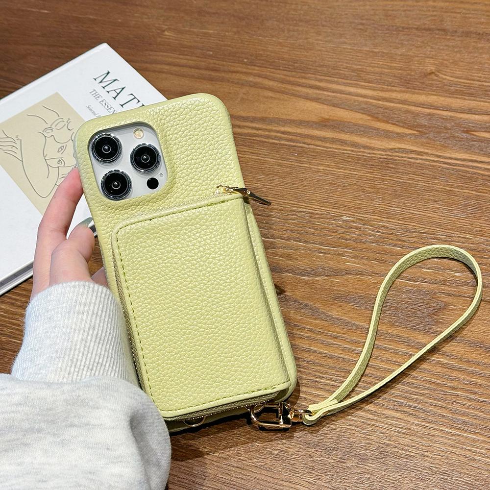 Für iPhone 15 Pro Hülle Reißverschluss Kartenfächer PU Leder Handy Rückseite mit Handschlaufe