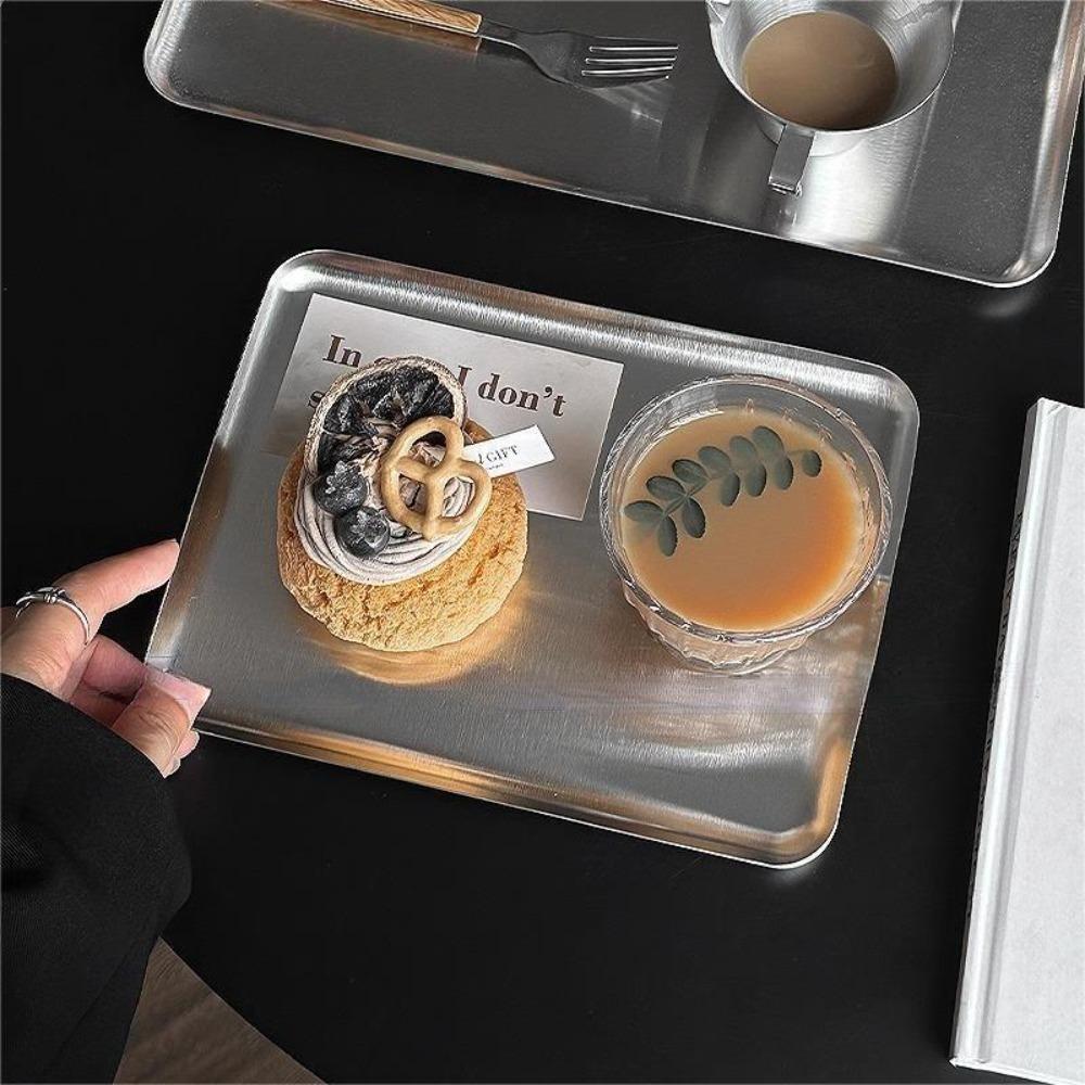 Nordic Stainless Steel Rectangular Plate Kitchen Storage Ins Korean Cake Dessert Plate Coffee Tray Kitchen