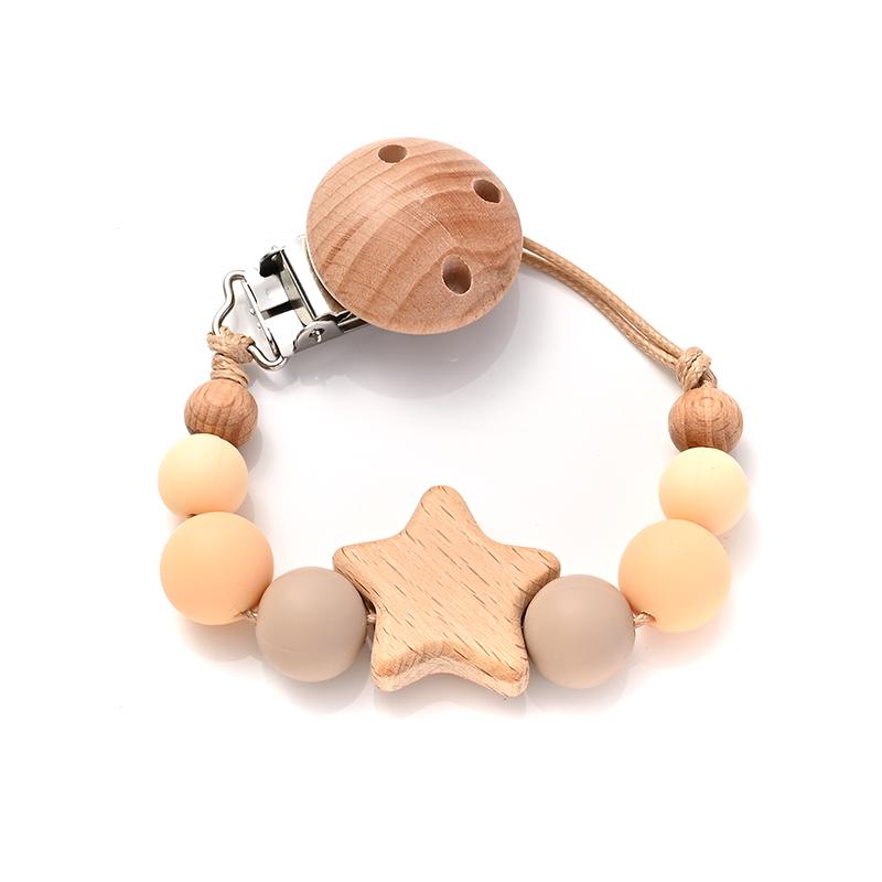 New Baby Pacifier Chain Clips Wood Pentagram Teether Silicone Round Beads Teething Chain For Care Soother Chew Toys Shower Gift