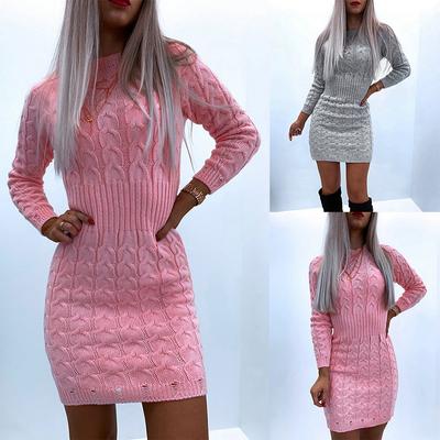 Ladies Sexy Round Neck Temperament Waist Sweater Dress Long Sleeve Knit Pullover Dress