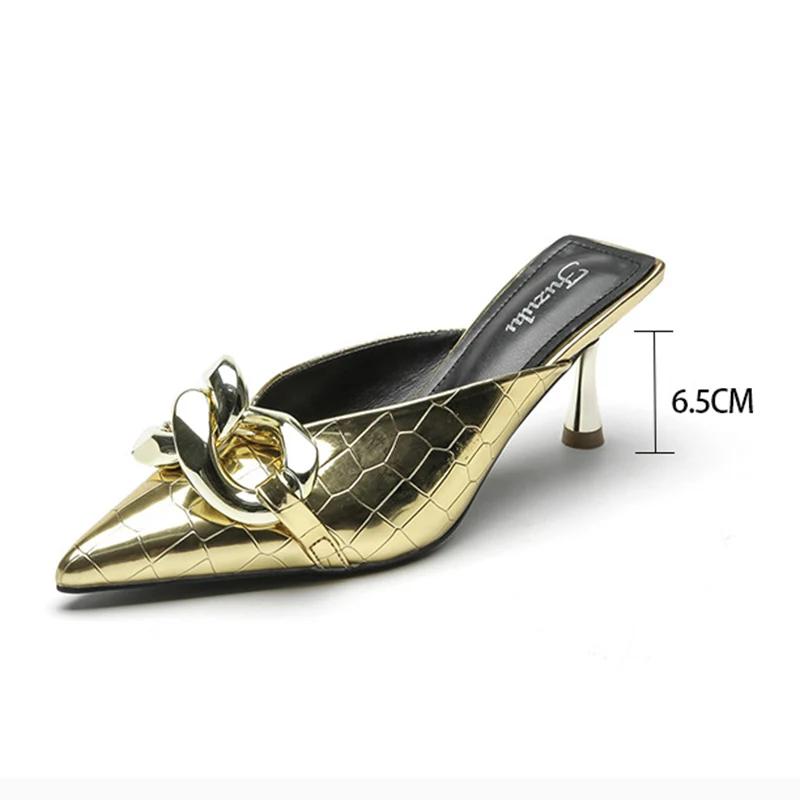 Fashion Baotou Half Slippers Women's Summer New Pointed Toe Fashion Half Support Women's Shoes Soft Pu Leather Thin Heel Slippers Mules