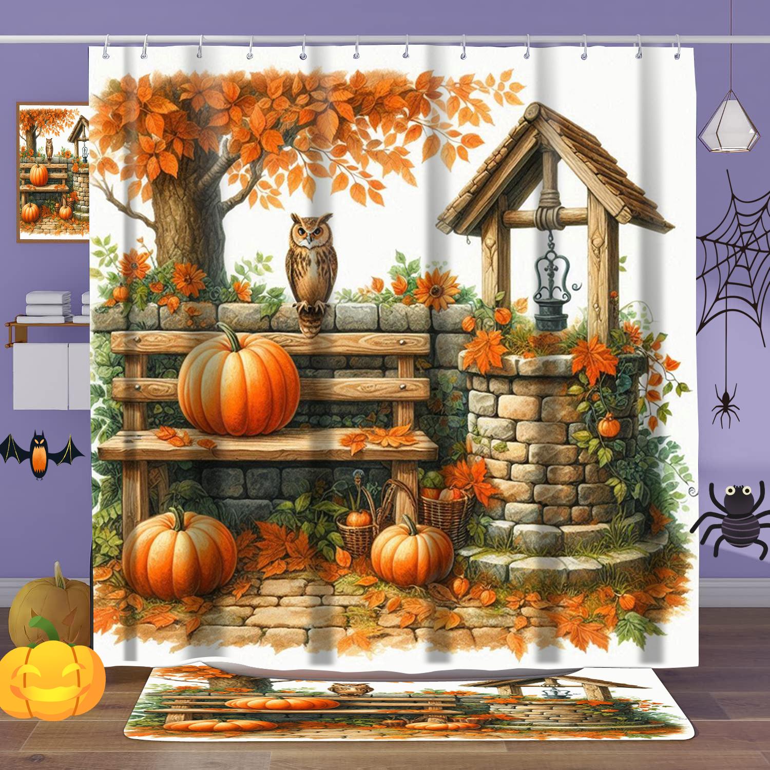 

Harvest Thanksgiving Maples Pumpkin Pattern Bathroom Shower Curtain With 12 Hooks Bathroom Decor And Accessories 180x180cm curtain помаранчевий