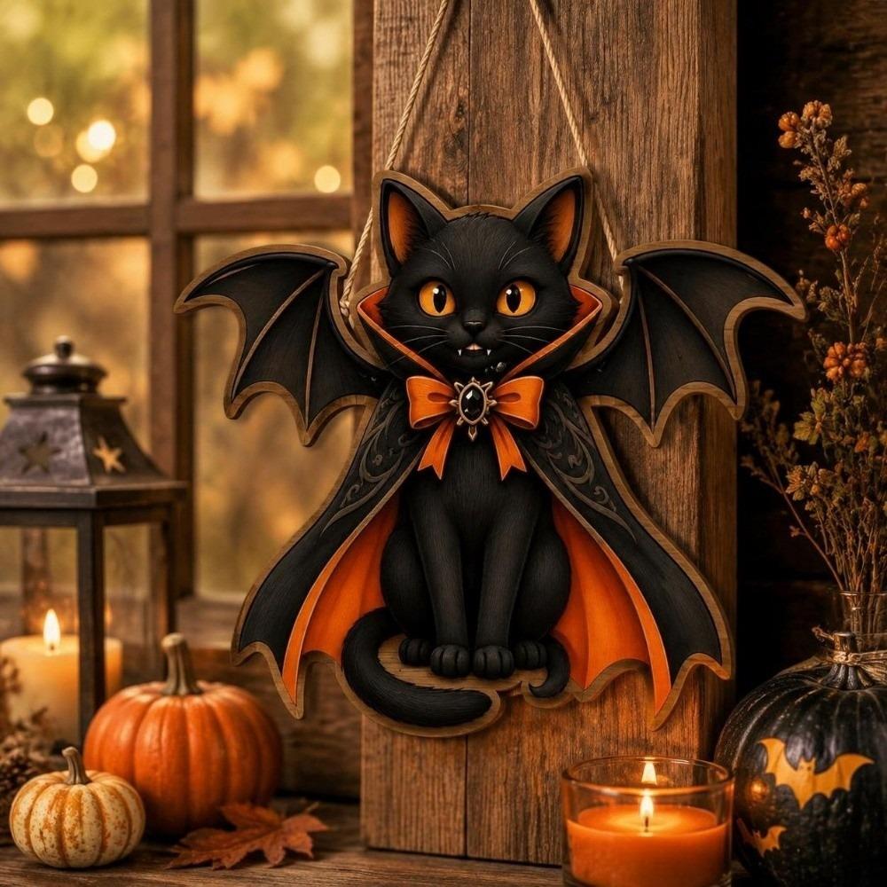 Wooden Black Cat Pendant Gothic Style Hanging Decoration Sign Halloween Decoration  Home Decoration