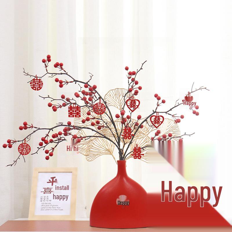Red Berry Bonsai Scene Ornament for Wedding and Living Room Decor