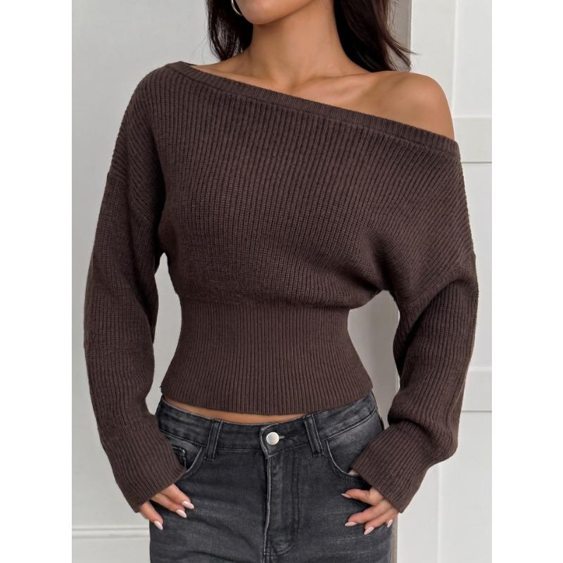 Women Sexy Off Shoulder Long Sleeve Knit Sweater Slim Fit Autumn Winter Base Top S коричневый