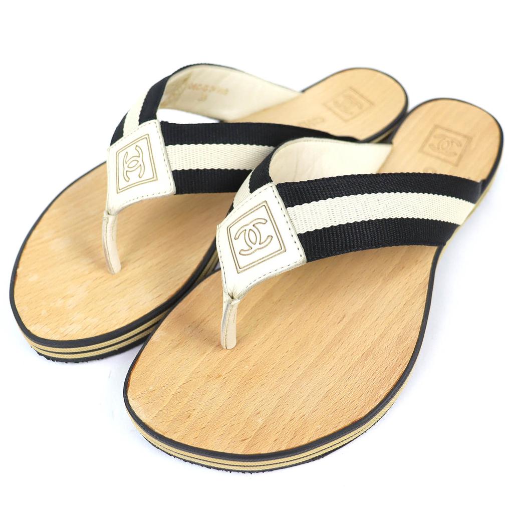 Great CHANEL ENTRE DOIGTS COCO Mark Wood Thong Sandals Beach Sandals 35 G24999 Used