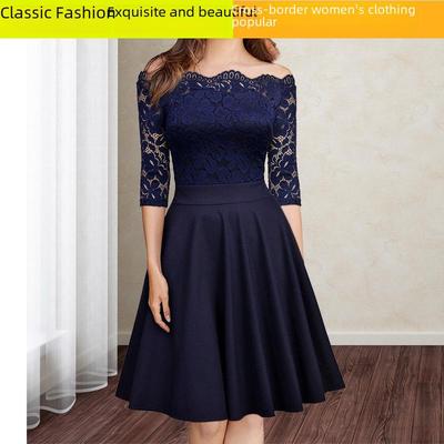European and American Women's One-Shoulder Lace Dress