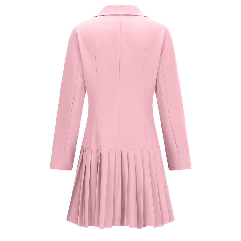 Women's Fashion Long Sleeve Colour Button V-Neck Slim Pleated Career Dresses
