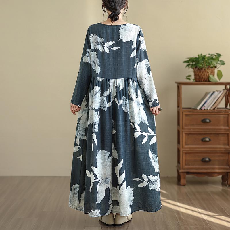 

DIMANAF Новое 2025 Женское Большого Размера Весеннее Длинное Платье Свободное Базовое Винтажное Оверсайз Длинный Рукав Макси Цветочное 2XL