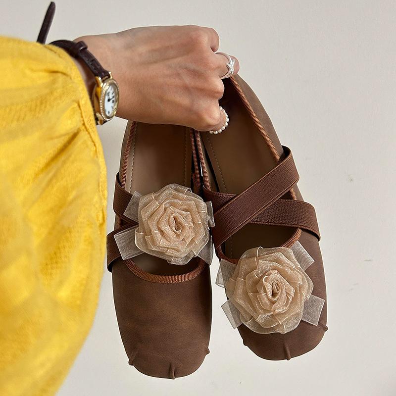 Sheepskin Small Man Inner Height Increase 5CM Leather Rose Flower Mary Jane Single Shoes Women's Flat Super Soft Ballet Shoes