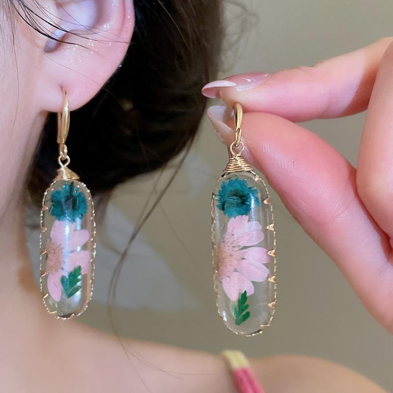 New Trendy Multicolor Clear Resin Geometrical Real Dye Flowers Drop Earrings for Women Real Gold Plated Copper Jewelry