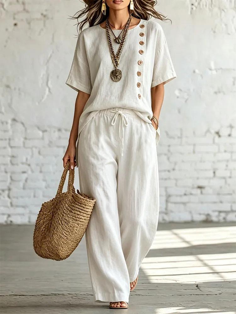 Womens Linen Blend Button Up Top and Drawstring Pants Lounge Set Casual Solid Color Summer Matching Outfit S