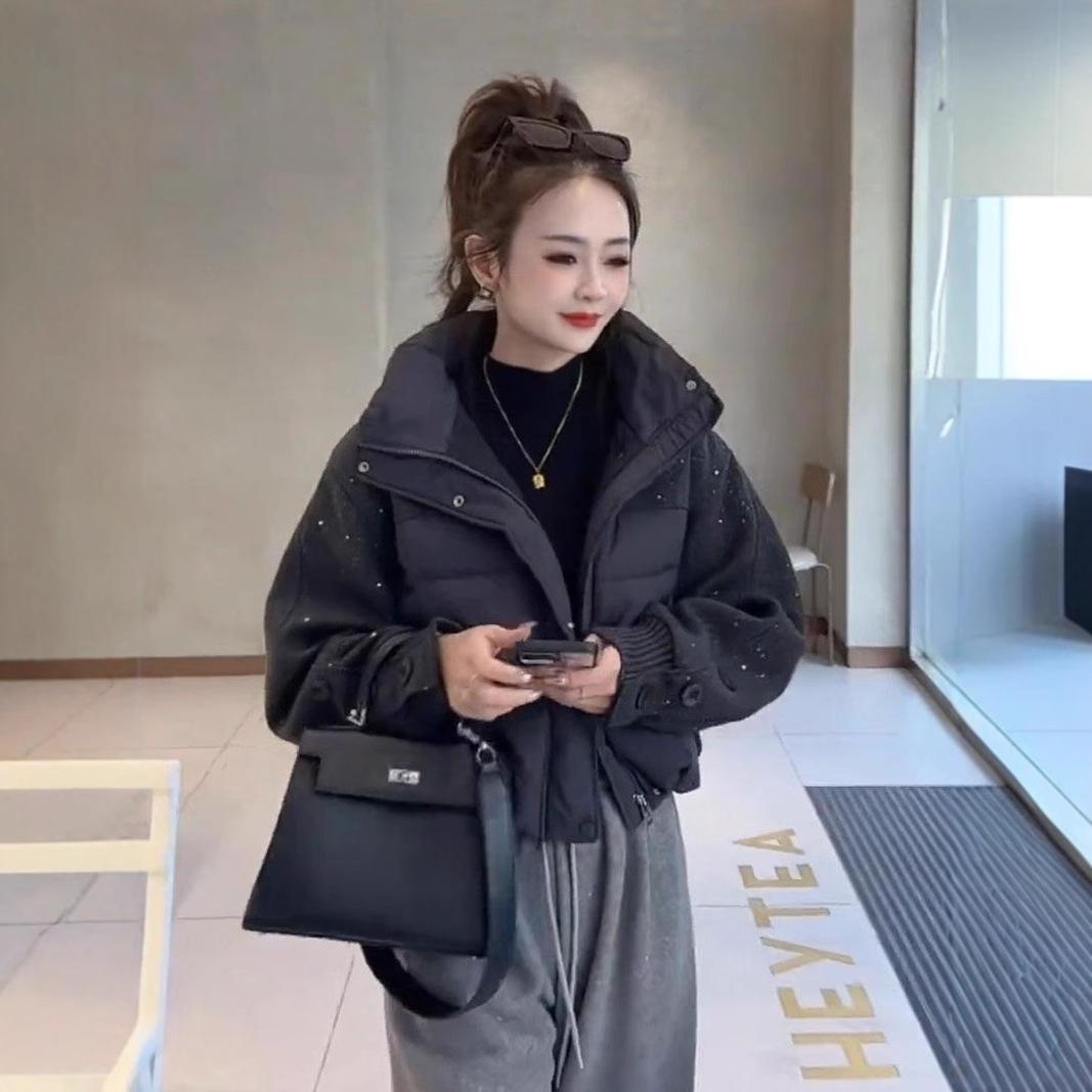 

2024 Women s Korean Style Sequin Stand-Up Collar Down Jacket: Loose, Warm, Petite-Friendly Winter Coat Medium чорний