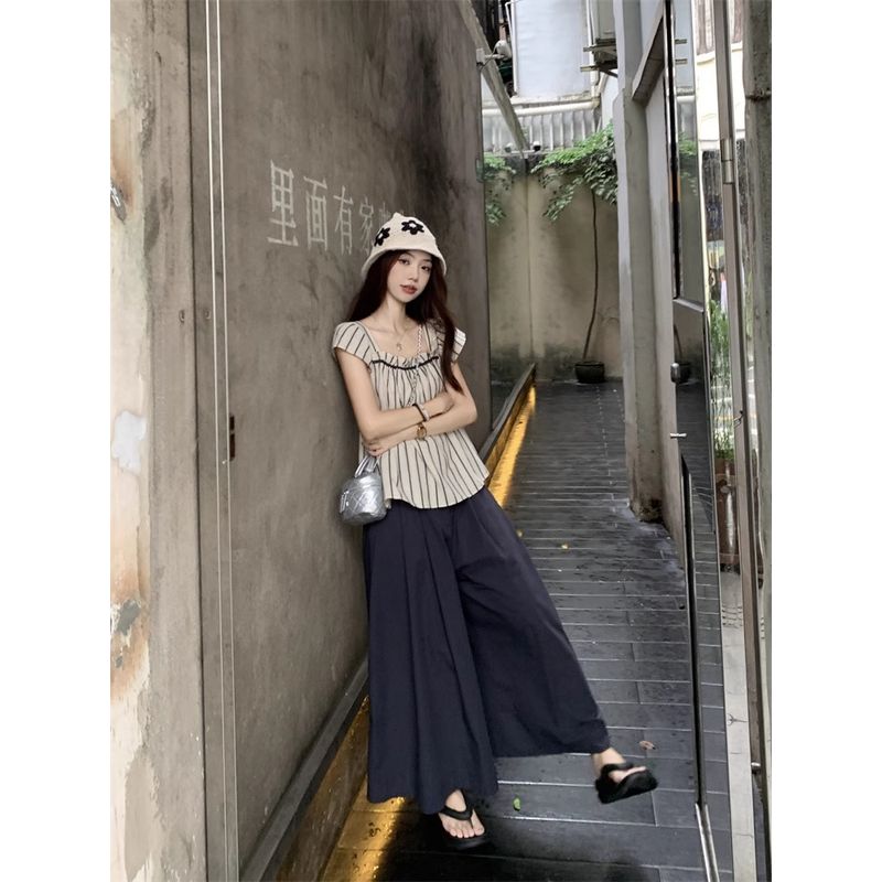 Kumikumi Casual Set Women Retro Stripe Flying Sleeves Shirts Summer Loose Wide Leg Casual Pants Two-piece Set