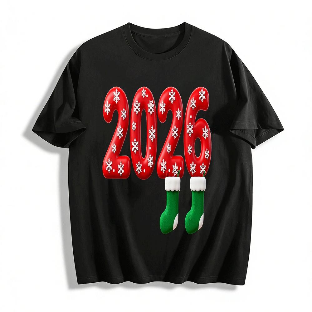 2026 Christmas Snowflake Print Red Number Green Stocking Top Pure cotton T-shirt XXS