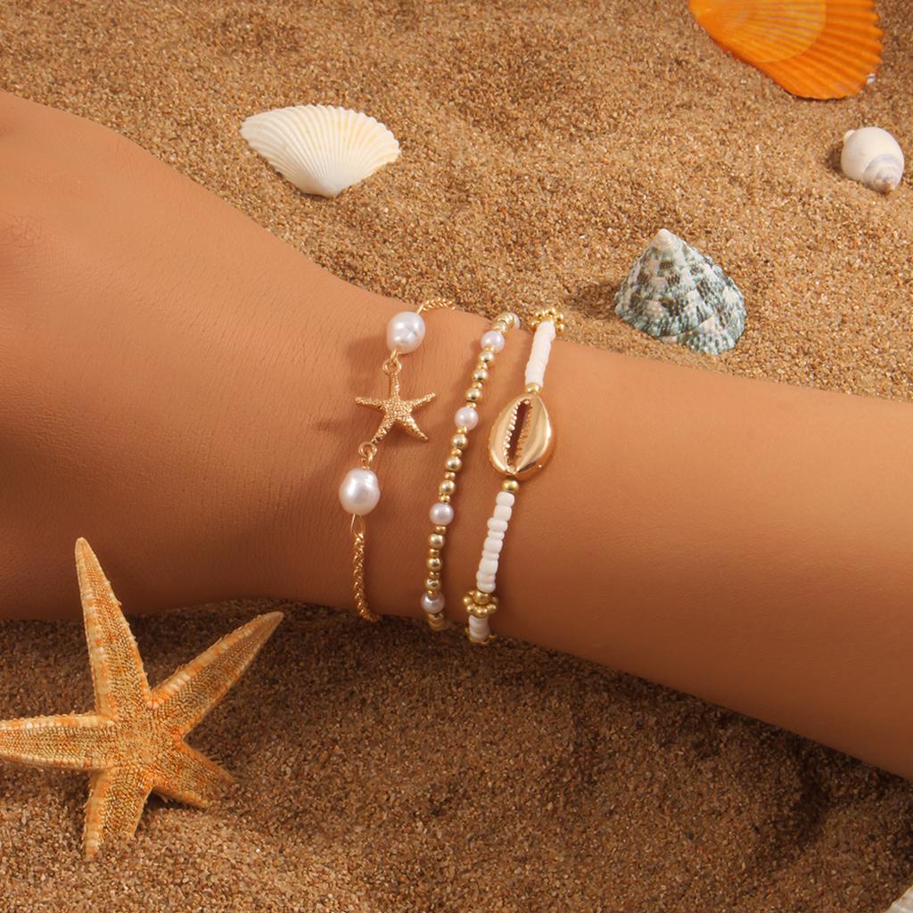 Exquisite Handmade Starfish Shell Bracelet Set Korean CCB Rice Bead Bracelet Women's Daily Party Summer Beach Zircon
