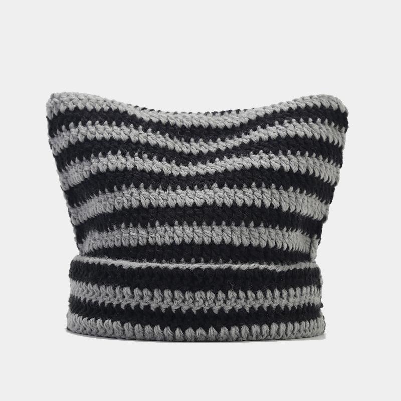 Jacquard Custom Label Patch Embroidery logo Winter Warm Cat Ear Stripe Knit Beanie Hat With Ear