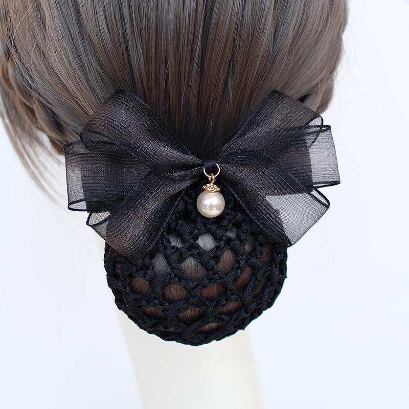 Vocational Nurse Head Flower Mesh Pocket Hairpin Silk Yarn Pearl Pendant Bow Stewardess Bank Disc Hair