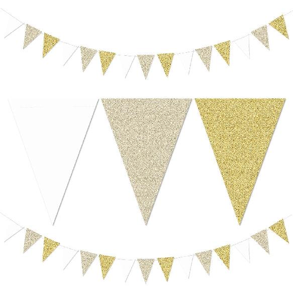 Silver Black Gold Party Decorations - 2Pcs Paper Pennant Banner Flags Men Birthday New Years Eve Retirement Graduation Anniversary Classroom Office