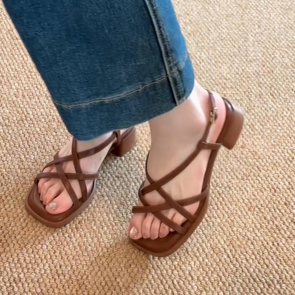 Sheepskin version~ Retro cross-strap, thin strap, soft sole, thick heel, Roman shoes, women's open toes, stepping on shit sandals