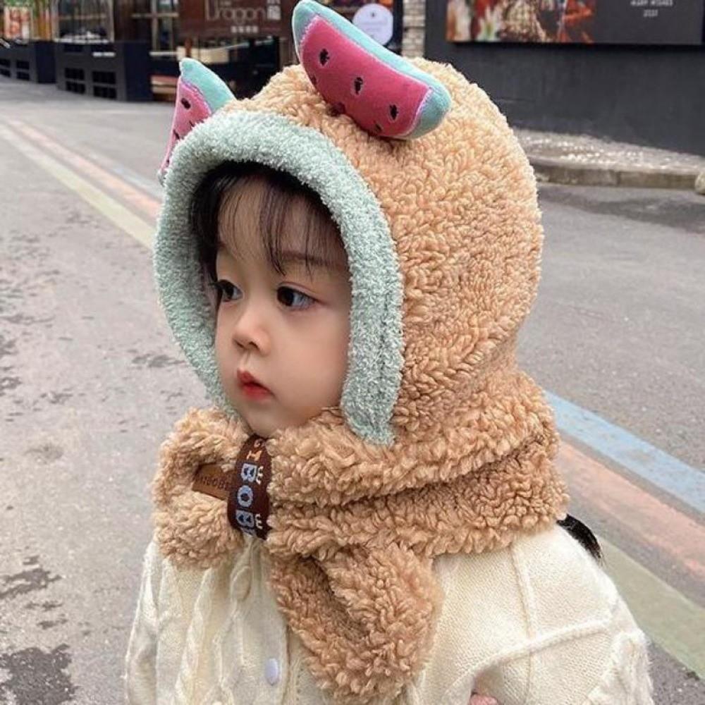 One-Piece Winter Baby Hat Scarf Plush Children Beanies Cap Cute Kids Hat Hooded Scarf