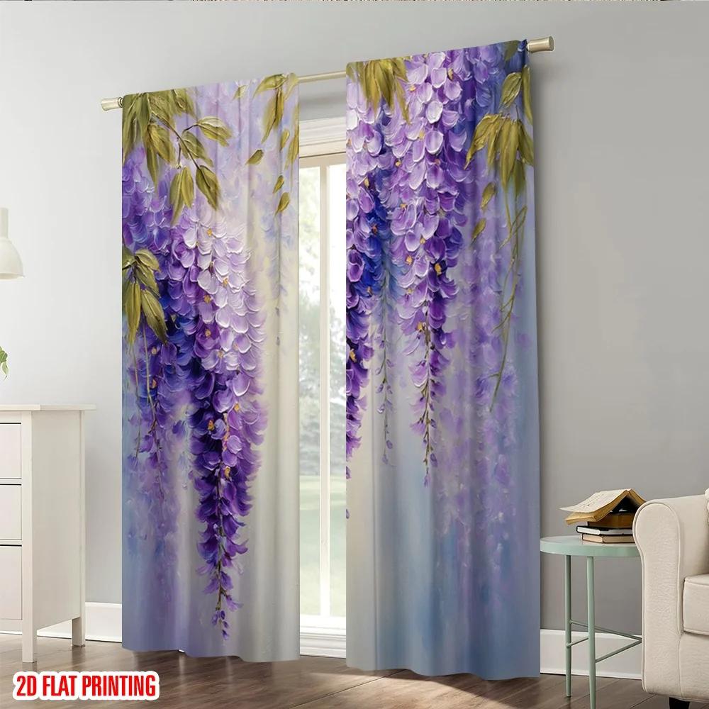 Plane Printing Pattern Curtains Purple Wisteria Versatile Durable Polyester Without Rod Decorations Home Use Curtain Set Of 2 Made Washable