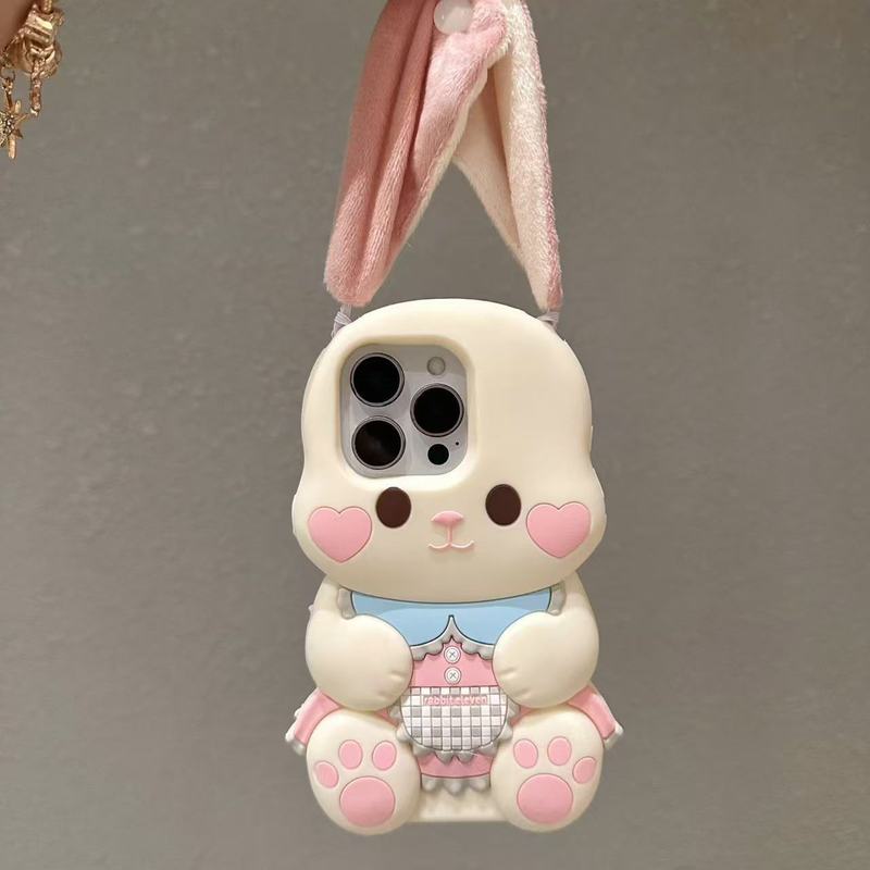 3D Cartoon Plush Long Ears Rabbit Phone Case For IPhone 17 16 15 14 13 Pro Max 14 15 Plus Soft Silicone Back Cover