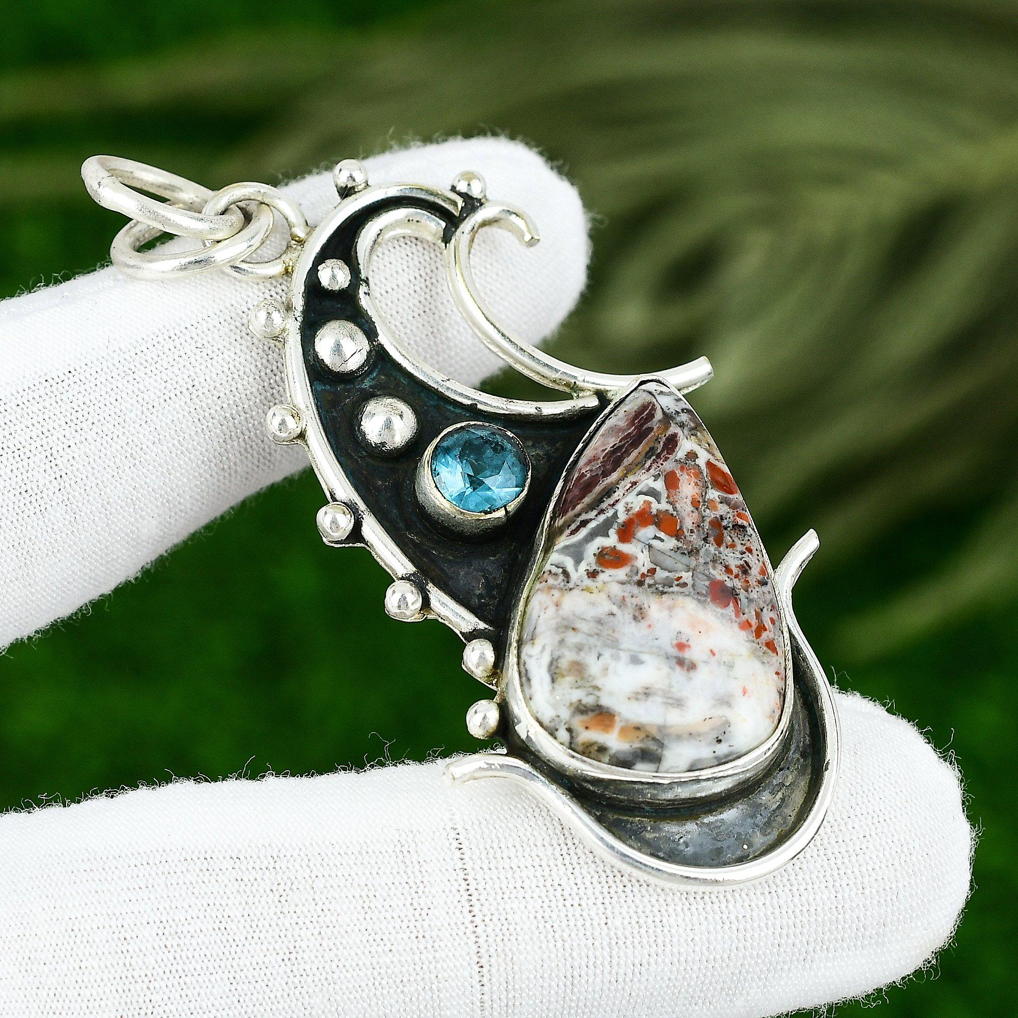 

Sterling Silver Pear Natural Rainbow Jasper Blue Topaz Bezel New Pendant Jewelry