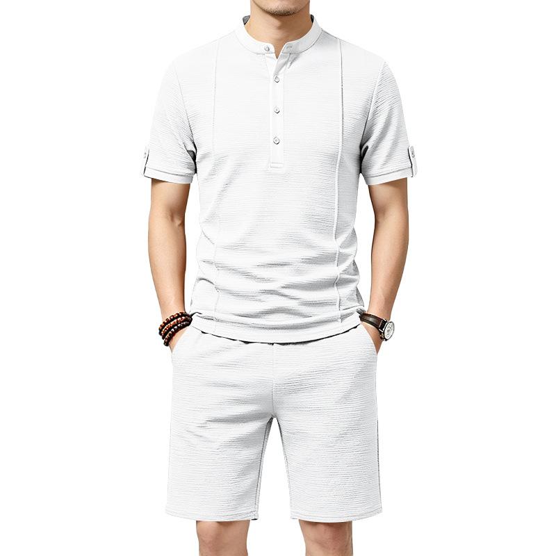 Men's 2-Piece Casual Outfit Henley Neck Short Sleeve T-Shirt Elastic Waist Shorts Set Summer Breathable Textured Tracksuit