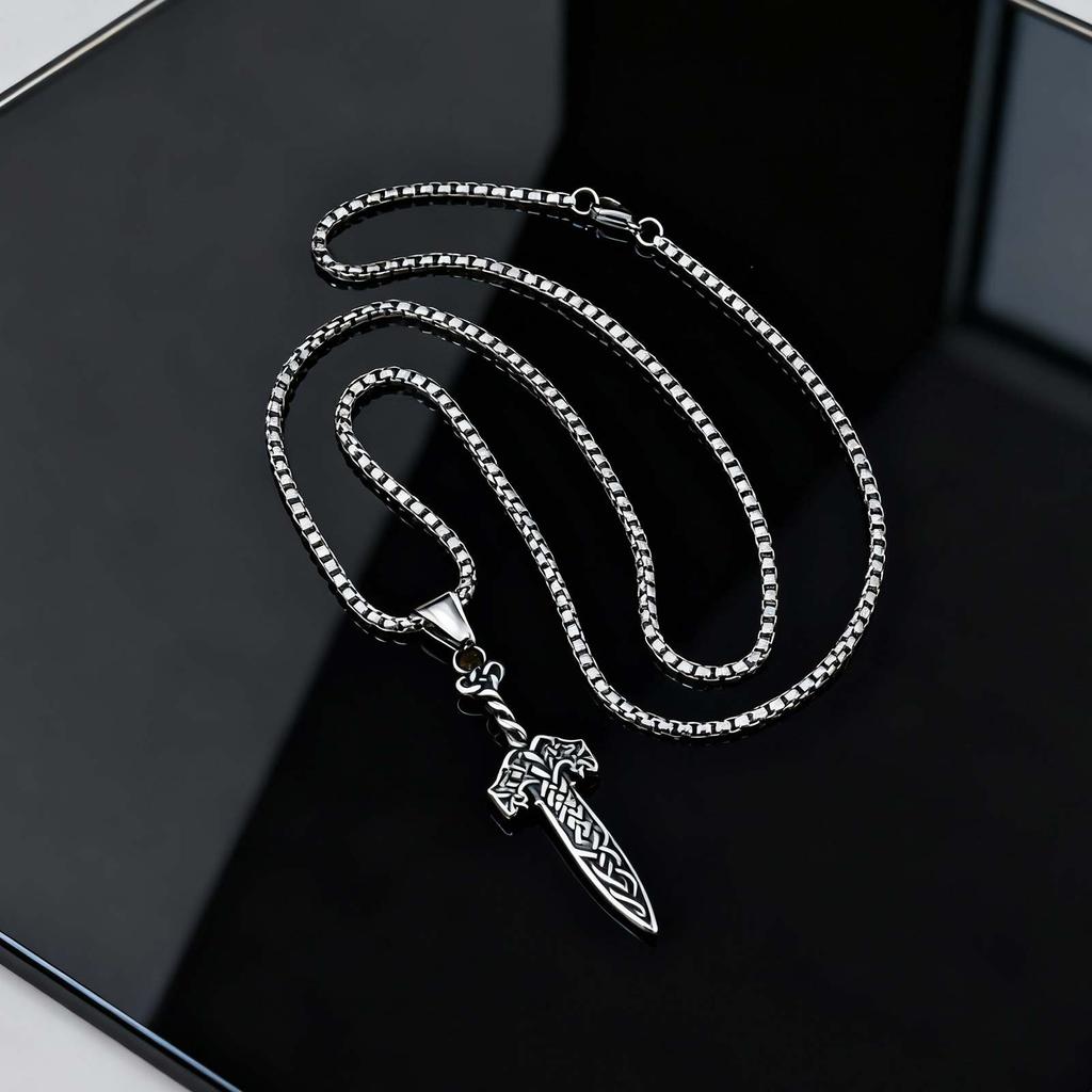 Fashion Retro Nordic Celtic Knots Rune Sword Pendant Stainless Steel Necklace for Men, Vintage Punk Jewelry Gift