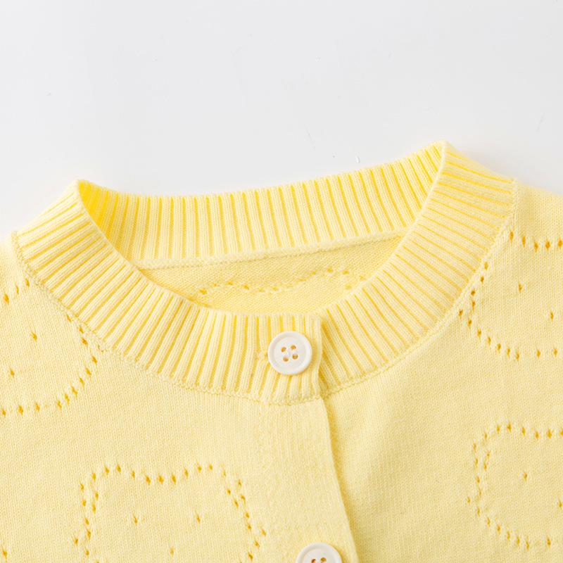 2026 Girls' Baby Bear Hollow Knit Cotton Cardigan: Spring/Summer, Lightweight, Long Sleeve, Airy Knit