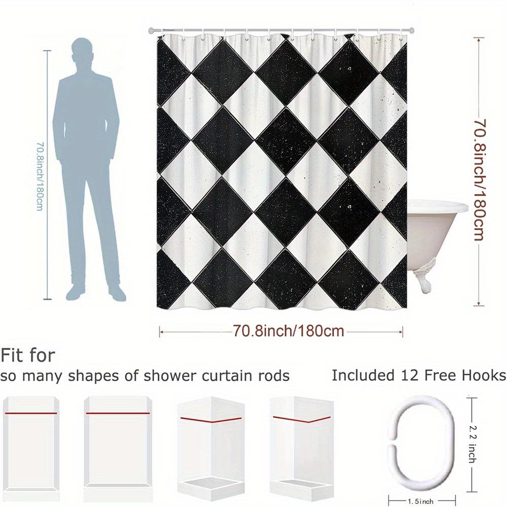Vintage Schwarz-Weiß-Schachbrett-Duschvorhang Geometrisches Rautenmuster Polyester-Badevorhang Mit 12 Haken Für Moderne Einrichtung
