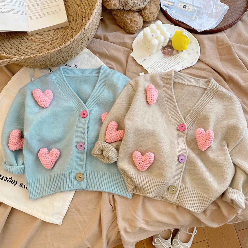 Girls' 3D Heart Knit Cardigan Sweater - 2025 Trendy Top for Baby Girls