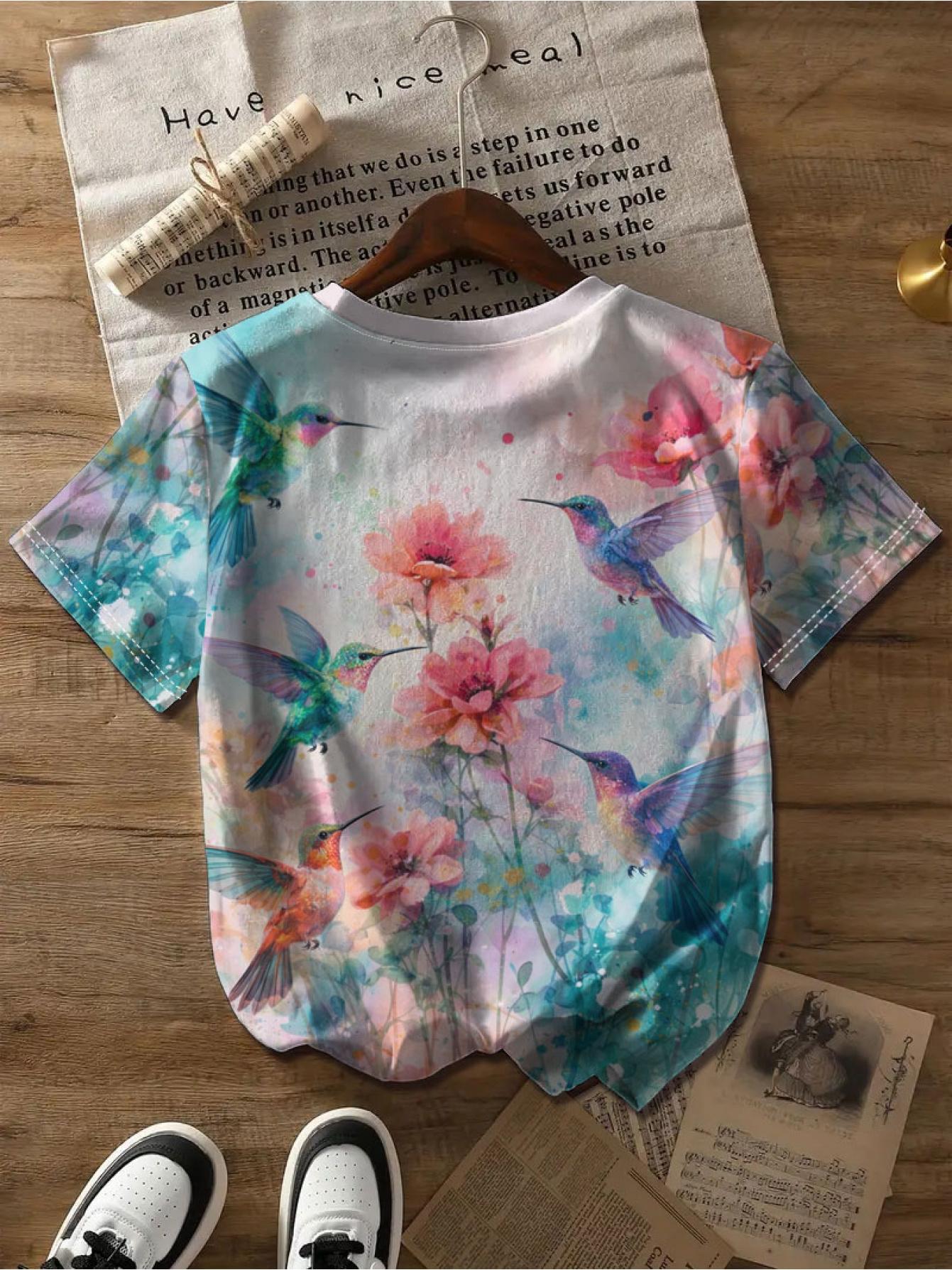 

Summer Women S Short Sleeve Round Neck Hummingbird Floral All-Over Print T-Shirt. Round Neck Short Sleeve Tee. Women S Loose Casual Versatile Top. Gen L дубильна кора
