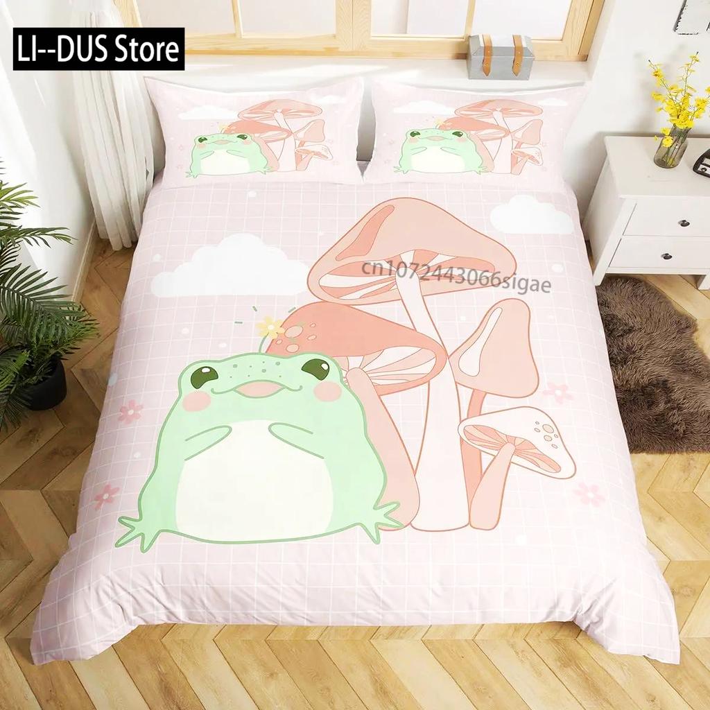 Frosch Bettbezug Set Niedlich Kawaii Cartoon Frosch Muster King Queen Größe Polyester Bettdeckenbezug Mit Kissenbezug Für Kinder Mädchen
