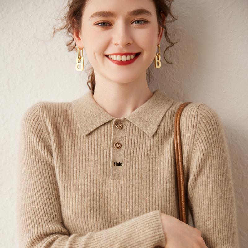 Women's Cashmere Polo Collar Ribbed Sweater – Long Sleeve, Button Closure, Perfect for Autumn and Winter