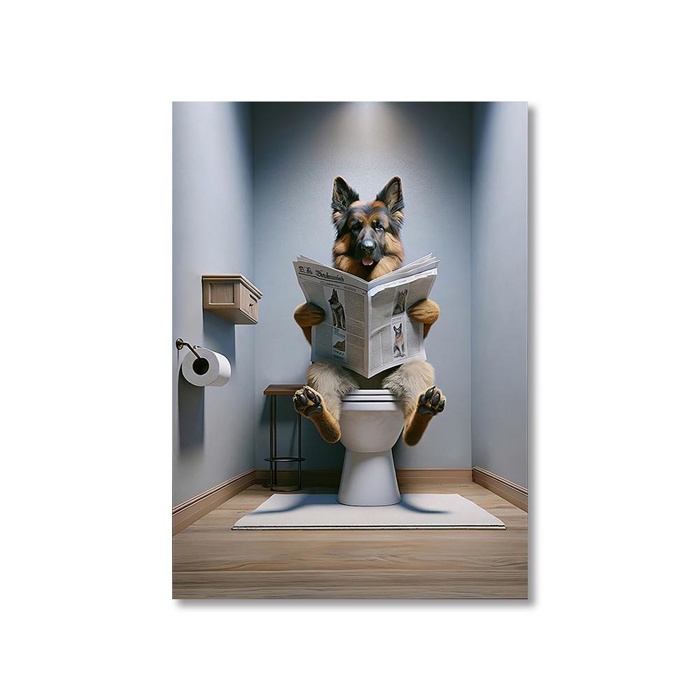 1PC Unframed Funny Pet Dog in Toilet Reading Newspaper Play Canvas Painting Animal Pictures Wall Art for Home Bathroom Decor