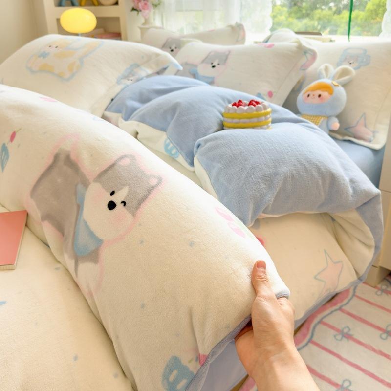 Thickened Milk Fleece Four-Piece Set Double-Sided Fleece Quilt Cover Coral Flannel Bed Sheet Quilt Cover Three-Piece Set Of Bed Hat