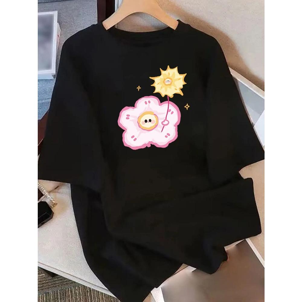 Women's Cute Pastel Floral-like Print T-Shirt Breathable Crew Neck Top Fit Casual Everyday Harajuku Short Sleeve Casual