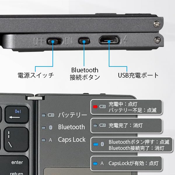 Poznámky Japonská Bluetooth bezdrátová klávesnice, Skládací, Třídílná, s Touchpadem, Tenká, Kompaktní, Dobíjecí, Černá