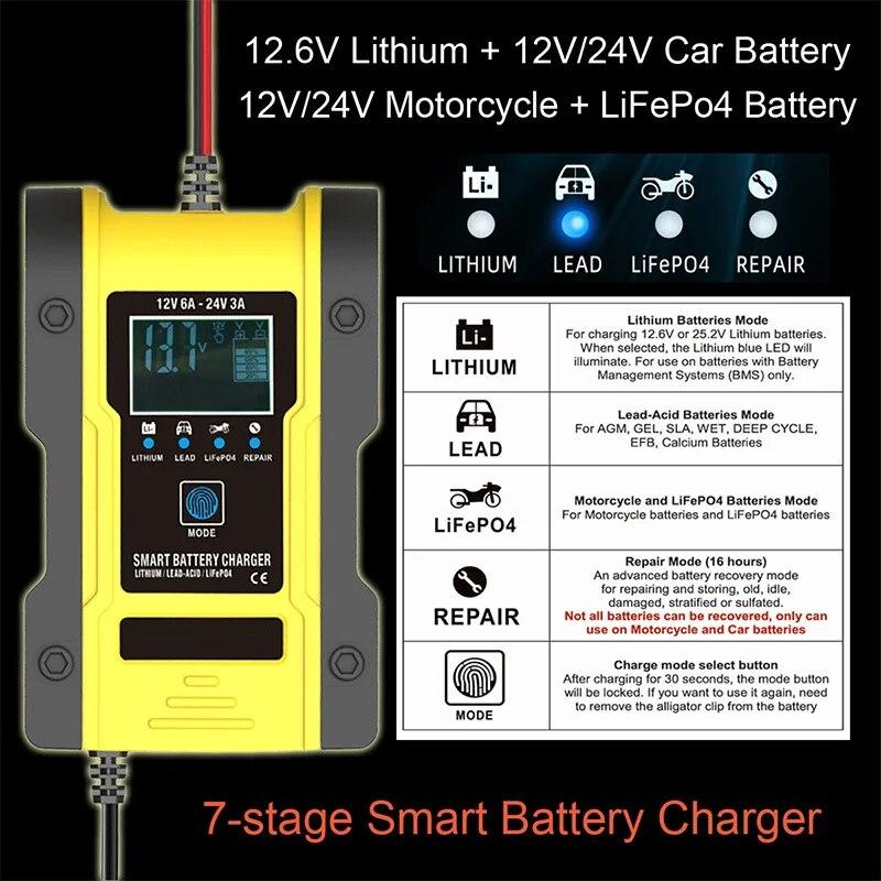 12V 24V nabíječka autobaterií 12V 6A nabíječka baterií údržba 7stupňové nabíjení autobaterie