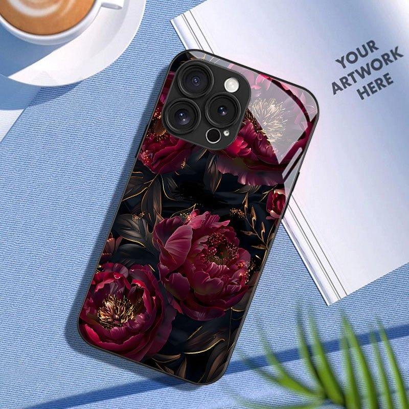 Dark Rose Flower Pattern Tempered Glass Black Phone Case For iPhone 11 12 13 14 15 16 17 Pro Max 17 Air 7 Plus XS X XR Cover