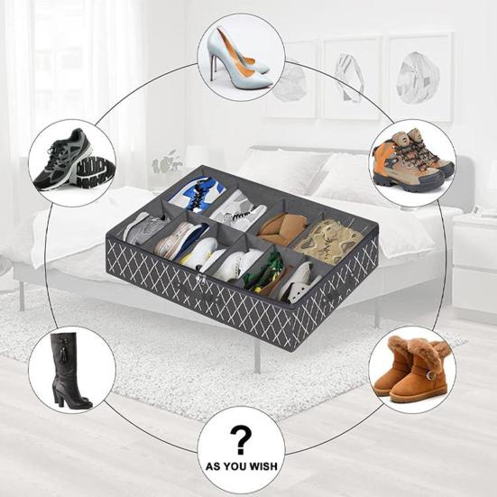 Under Bed Shoe Organizer Smooth Zipper Dustproof Non Woven Fabric 10 Grids Soft Partition Underbed Shoes Container for Sneakers