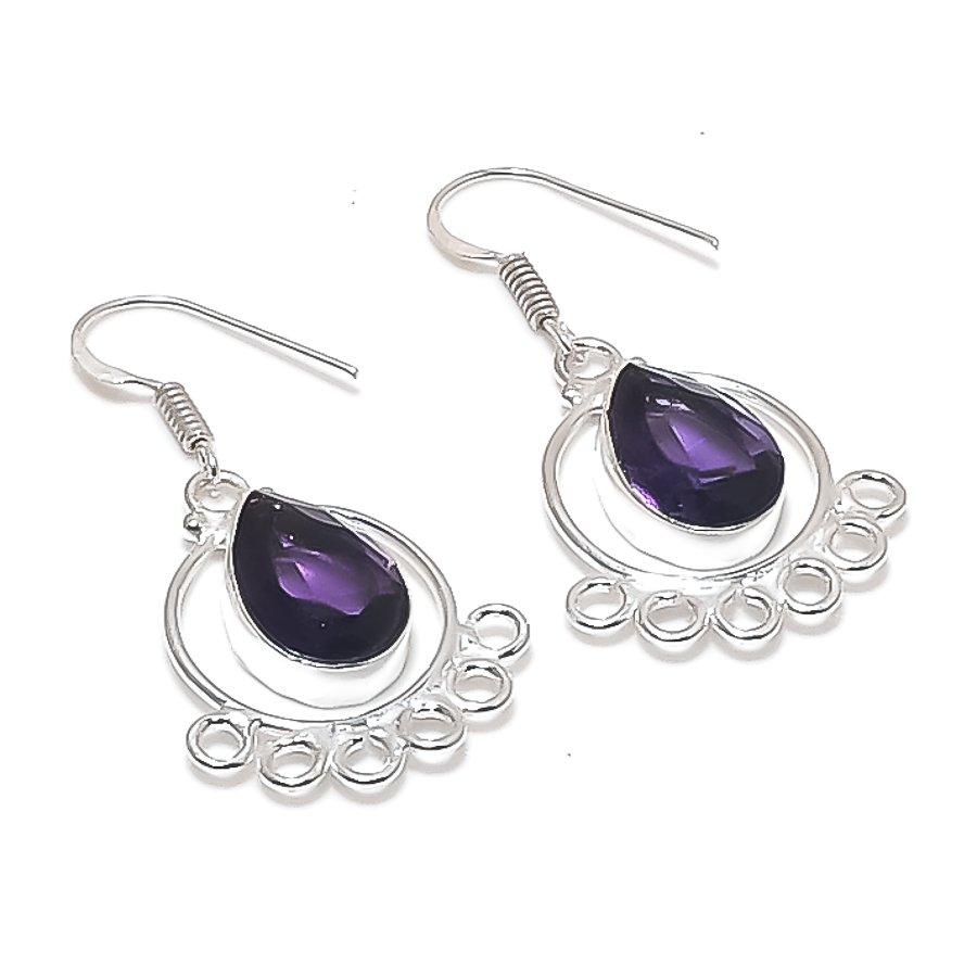 Natural Amethyst Gemstone Handmade 925 Sterling Silver Earring 1.65" A5y38