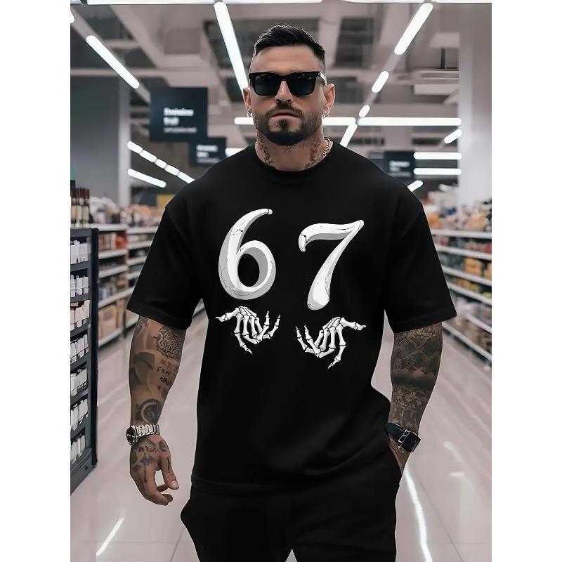 

Men S Pattern T-Shirt - with The Number 67 Hand Gesture, Casual Round-Neck Short-Sleeve Tee for Halloween Outfits And Street Fashion,Comfortable S чёрный