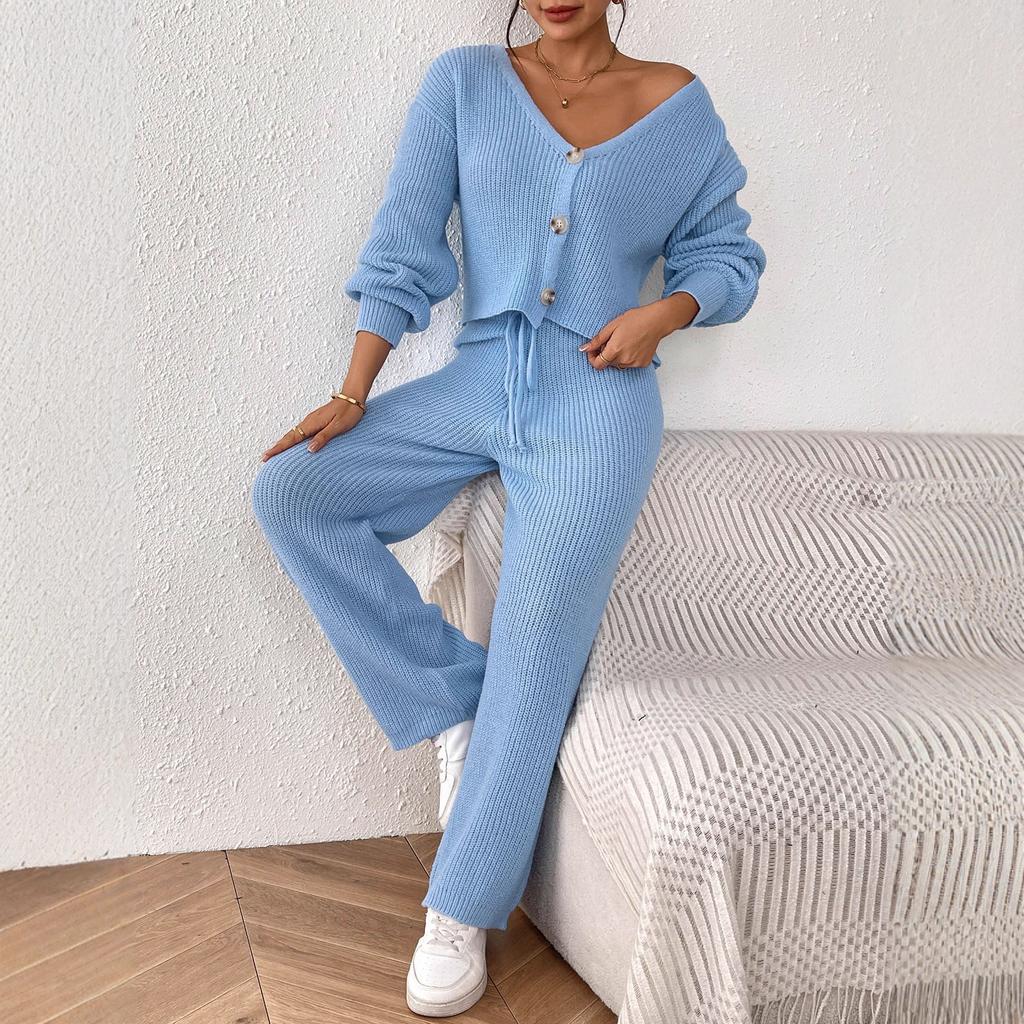 Autumn and Winter Solid-color Elegant Set, Short Top, Loose Cardigan, Straight-leg Pants, Wide-leg Drawstring Two-piece Set for Women
