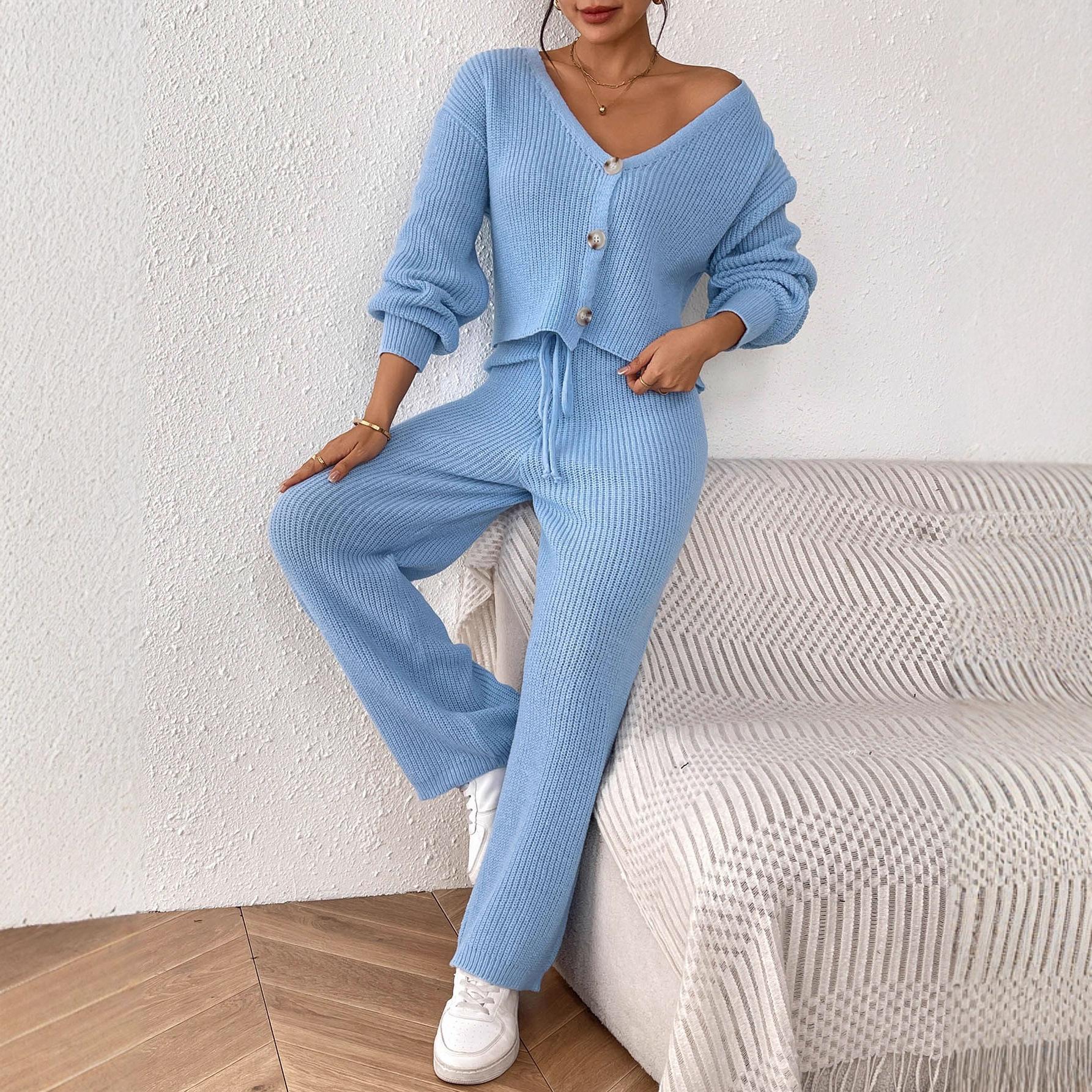 

Autumn and Winter Solid-color Elegant Set, Short Top, Loose Cardigan, Straight-leg Pants, Wide-leg Drawstring Two-piece Set for Women S